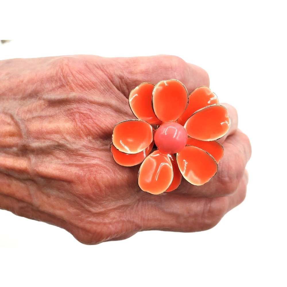 Vintage Large Hippie Mod Daisy Flower Ring Orange Pink Enamel‎ Size 7.5